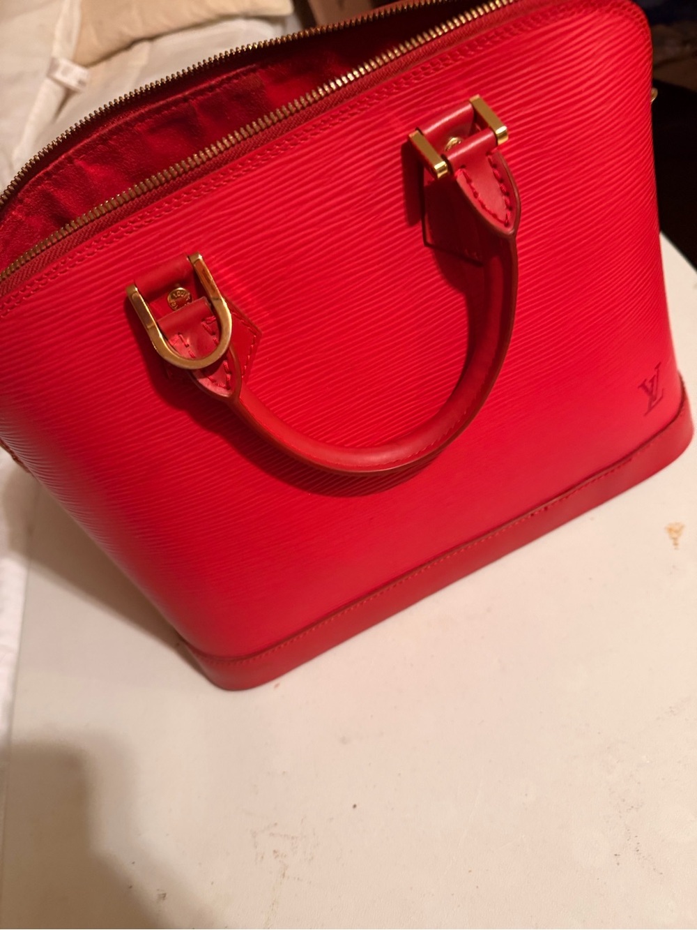 Authentic Louis Vuitton Red Epi Leather Alma BB Tote vintage bid